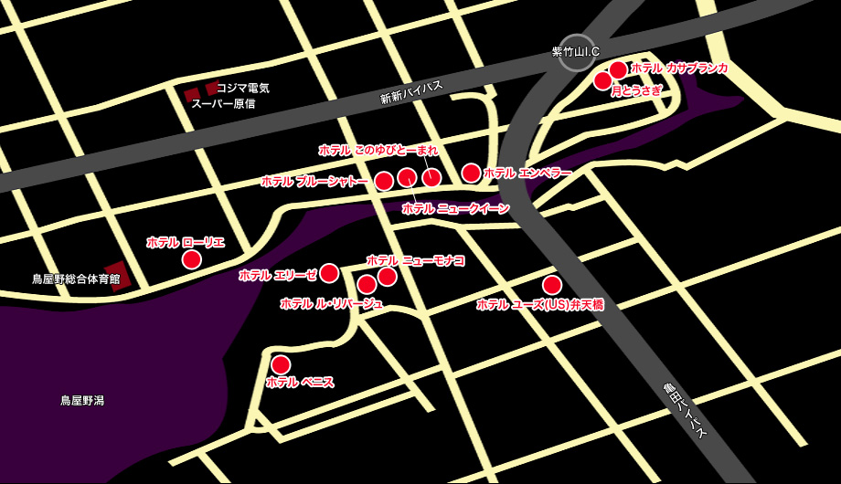 鳥屋野潟エリアのラブホテルマップ